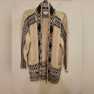 Lucky Brand Beige Open-Front Geometric Cardigan with Black and Navy Accents